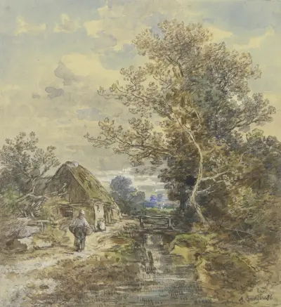 Baum und Bauernhaus am Bach mit einer Frau av Anton Burger