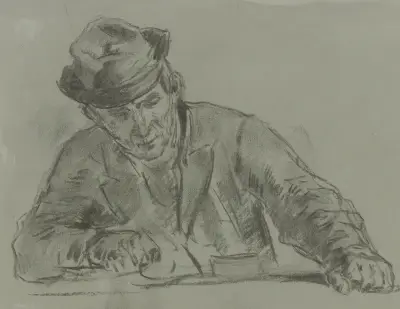 Halbfigur eines Bauern von vorne am Tisch av Anton Burger