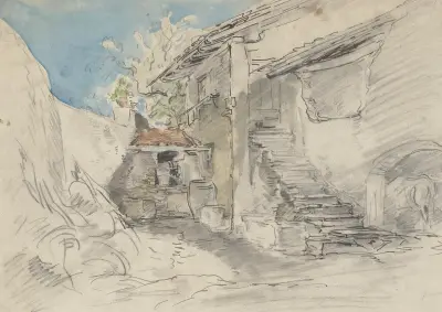 Hof neben Bauernhaus mit Treppe von Anton Burger