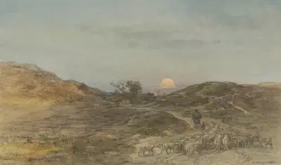 Hohlweg mit Schafherde bei Sonnenuntergang von Anton Burger