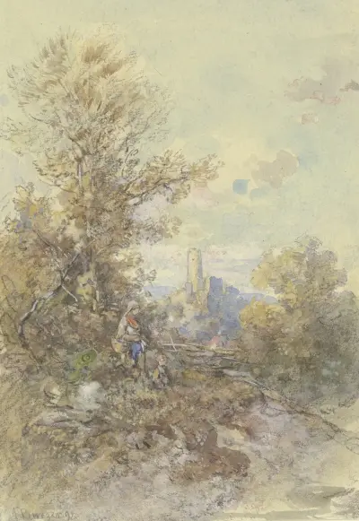 Landschaft mit Bäuerin, Kind und der Ruine Eppstein av Anton Burger