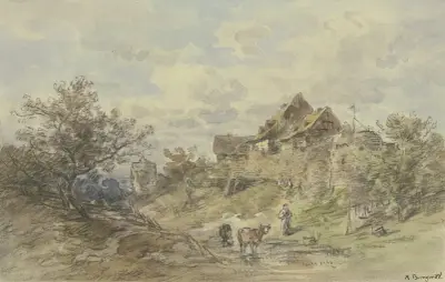 Landschaft mit Gehöft, zwei Kühe mit Bäuerin im Vordergrund av Anton Burger