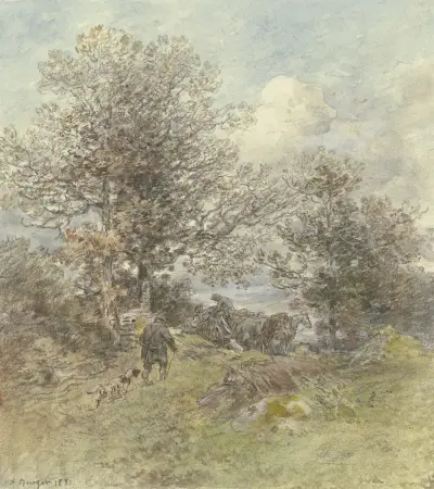 Landskap med jägare och bonde som lastar ved av Anton Burger