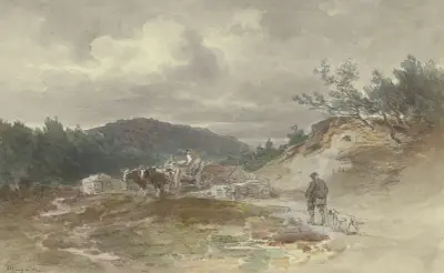 Landschaft mit Ochsengespann von Anton Burger