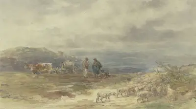 Landschaft mit Schafherde und Ochsenfuhrwerk av Anton Burger