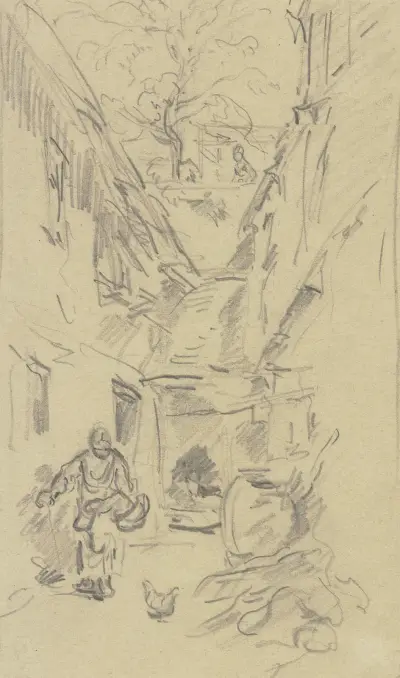 Little farm with woman av Anton Burger