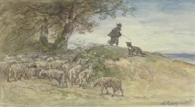 Schafherde im Sturm unter einem Baum von Anton Burger