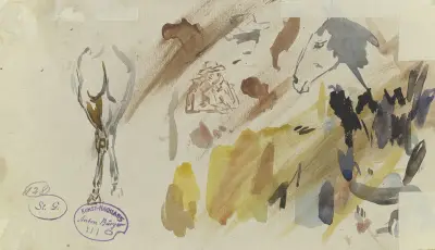 Arkusz studyjny; konie i mężczyzna w kapeluszu, Anton Burger