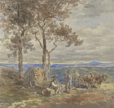 Zwei Bauern mit ihrem von Ochsen gezogenen Leiterwagen, in einer Hochebene bei einem Holzstoß ruhend von Anton Burger