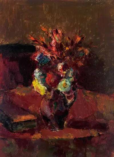 Blumenbouquet mit rotem Tischtuch av Anton Faistauer
