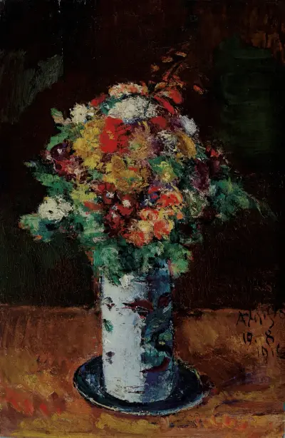 Blumenstrauß In Walzenkrug Auf Teller av Anton Faistauer