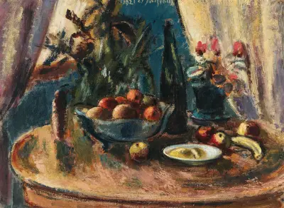 Stillleben mit Früchten und Weinflasche av Anton Faistauer