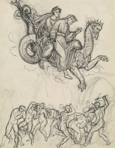 Dante and Virgil Riding on the Back of Geryon av Joseph Anton Koch