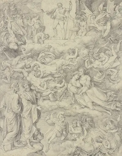 Dante und Vergil erblicken Paolo und Francesca, oben der Höllenrichter Minos av Joseph Anton Koch