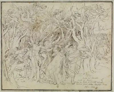 Dante und Virgil im Wald der Selbstmörder (Dante Inferno, Canto 13) av Joseph Anton Koch