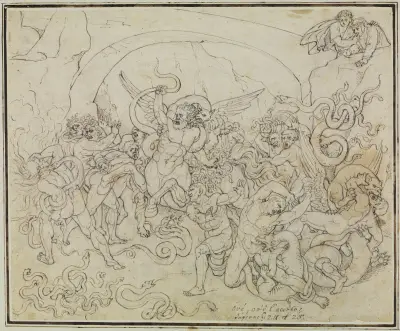Die Strafe der Diebe im Tal der Schlangen und Drachen (Dante Inferno, Canto 25, V 17) av Joseph Anton Koch