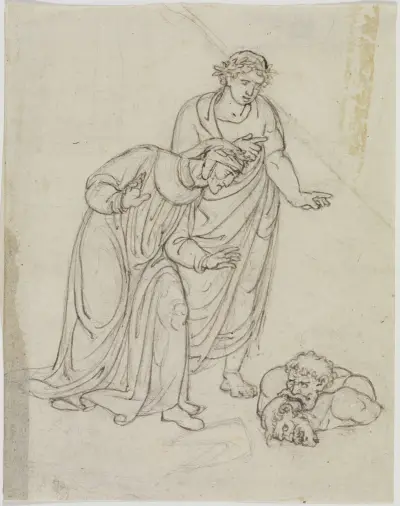 Fosterlandsförrädarna i isen, greve Ugolino och ärkebiskop Ruggieri, sönderslitande varandra (Dante Inferno, Canto 33, V 109) av Joseph Anton Koch