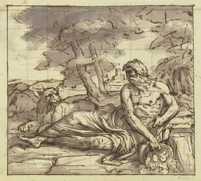 Flußgott Tiber mit Löwin, an der Quelle ruhend av Joseph Anton Koch