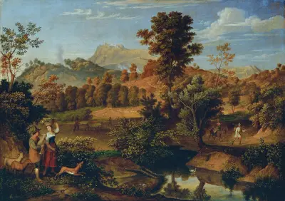 Italienskt landskap med plöjande bonde (Serpentara vid Olevano, landskap vid Paliano) av Joseph Anton Koch