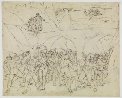 Kuppler, Betrüger und Schmeichler von den Teufeln gepeitscht (Dante Inferno, Canto 18, V 79) av Joseph Anton Koch