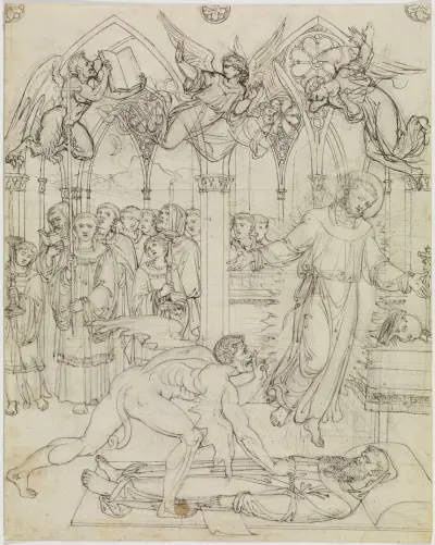 Streit des Hl. Franziskus mit dem Satan um die Seele des Mönches Guido da Montefeltro (Dante Inferno, Canto 27, V 112) av Joseph Anton Koch