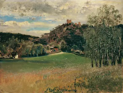 Die Meiereiwiese in der Vorderbrühl mit der Ruine Mödling av Anton Romako