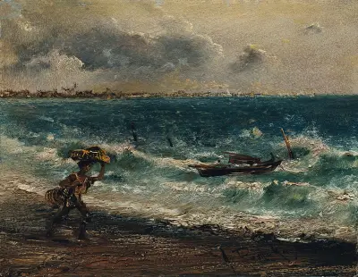Fiskargosse vid havsstranden av Anton Romako