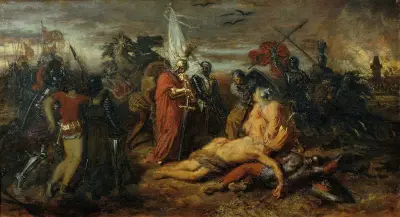 Rudolf av Habsburg vid Přemysl Ottokars lik, kung av Böhmen av Anton Romako