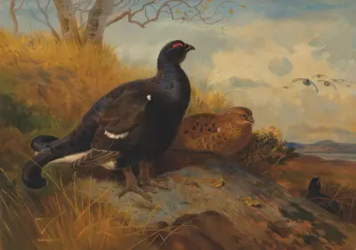 Orrar på klipphäll, med sjö i bakgrunden av Archibald Thorburn