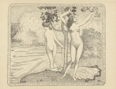 Deux baigneuses nues sous un arbre au bord de l’eau. Eté av Aristide Maillol