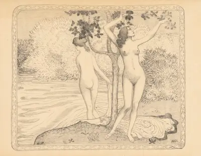 Deux baigneuses nues sous un arbre au bord de l’eau av Aristide Maillol