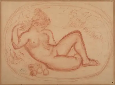 Liggande naken kvinna framifrån med frukter av Aristide Maillol