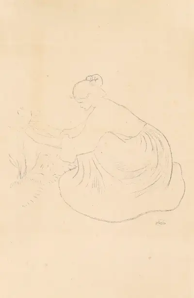 Jeune fille accroupie cueillant des fleurs av Aristide Maillol