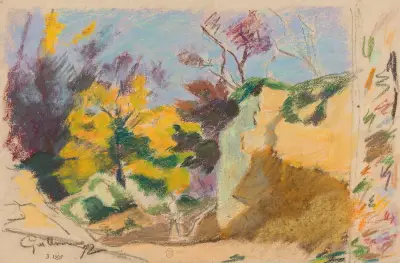 Landskap med träd och klippor och färgprov av Armand Guillaumin