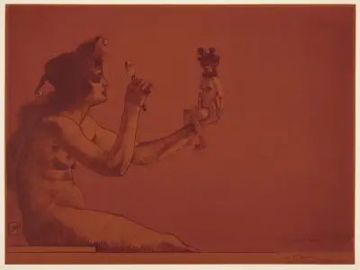 Ontwerp en definitieve versie affiche tentoonstelling van tekeningen-zegels av Armand Rassenfosse