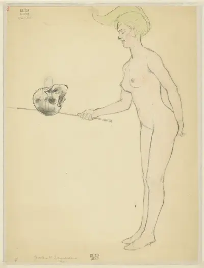 Standing naked woman with a stick and a skull av Armand Rassenfosse