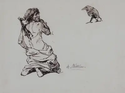 Sich geißelnder Büßer mit Rabe von Arnold Böcklin