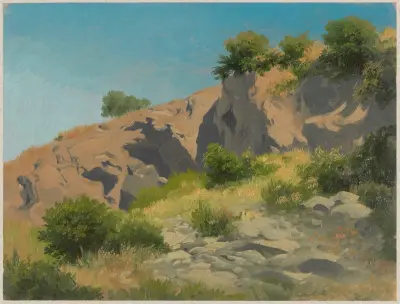 Entry to rock caves overgrown with bushes av Arthur Blaschnik