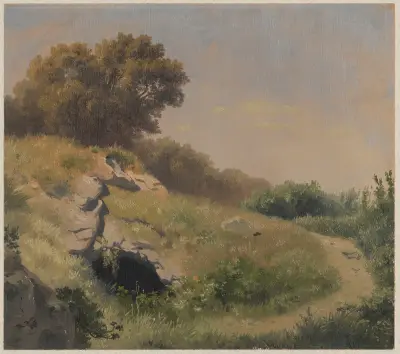 Landscape with a field road and rock cave av Arthur Blaschnik