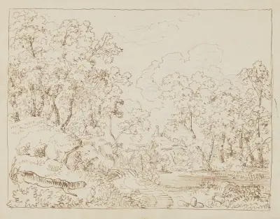 Landschaft mit Fluss zwischen Bäumen und einem Schloss im Hintergrund von Arthur Blaschnik