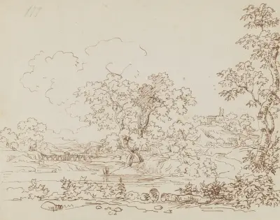 Landschaft mit Fluss, Steinbrücke und einem klassischen Gebäude auf einem Hügel von Arthur Blaschnik