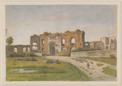 View of a fragment of aqueduct by Porta Maggiore in Rome, view from the side of Piazza di Porta Maggiore av Arthur Blaschnik