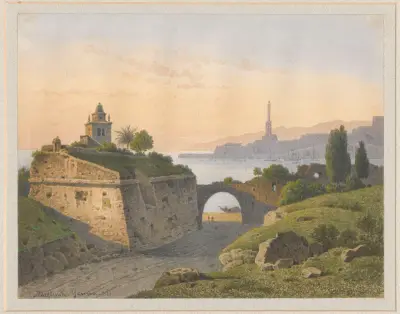 View of a port in Genoa with a lighthouse in the distance av Arthur Blaschnik