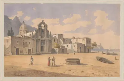 Blick auf einen Kai mit Barockkirche in der Hafenstadt Lacco Ameno auf Ischia von Arthur Blaschnik