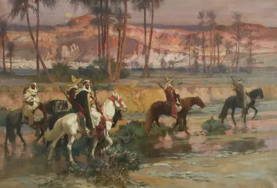 Vadställe i strömmen, Algeriet av Frederick Arthur Bridgman