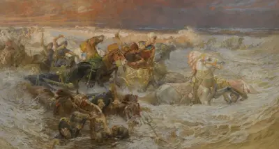 Farao och hans här uppslukas av Röda havet av Frederick Arthur Bridgman