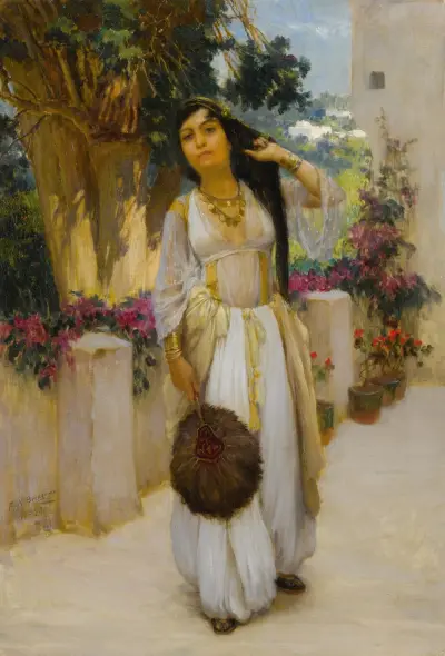 Algerisk kvinna på en veranda av Frederick Arthur Bridgman
