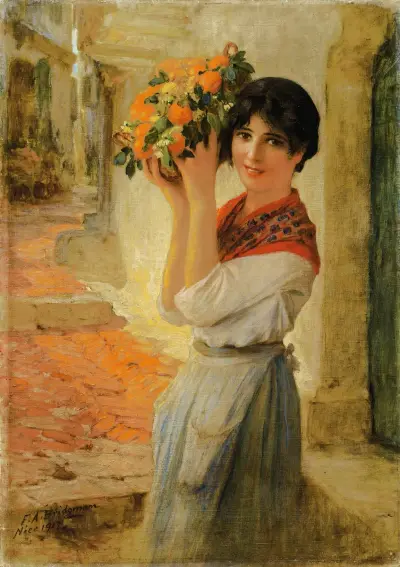 Young niçoise with a basket av Frederick Arthur Bridgman