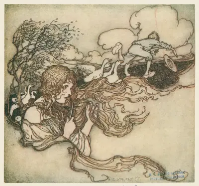 ‚Blow, blow, little breeze, And Conrad’s hat seize.‘ von Arthur Rackham
