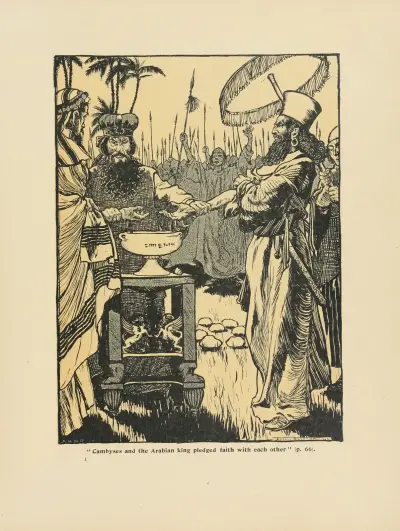 Kambyses och den arabiska kungen svor varandra trohet av Arthur Rackham